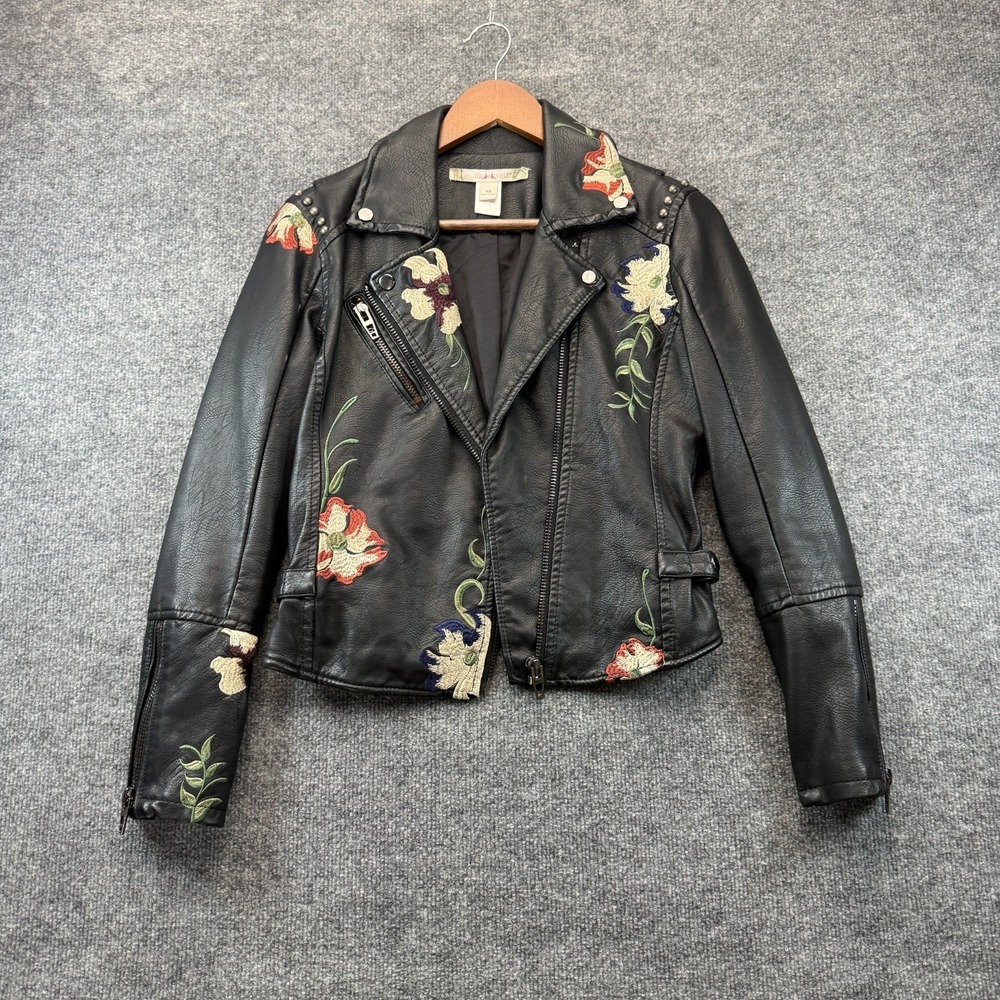 Chelsea Violet Embroidered Floral Faux Leather Moto Jacket Womens XS Studded